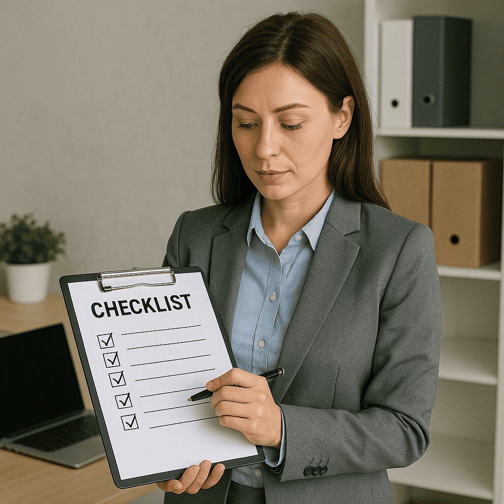 Een vrouw in een pak houdt een klembord met een checklist en een pen vast en bereidt zich voor op een NACEBEL-audit terwijl ze op kantoor staat.