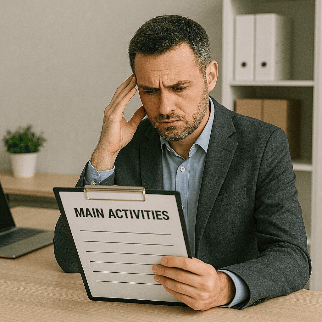 Een man in pak zit aan een bureau en kijkt nadenkend naar een klembord met het opschrift "HOOFDACTIVITEITEN Nacebel-codes". Hij bevindt zich in een kantooromgeving, alsof hij zich afvraagt: Wat zijn hoofdactiviteiten?.