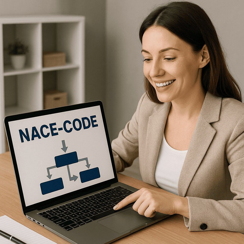 Een vrouw in zakelijke kleding zit aan een bureau en wijst naar een laptopscherm met daarop "NACE-CODE" met een stroomdiagram, dat illustreert waar u de NACE-code van uw onderneming vindt.