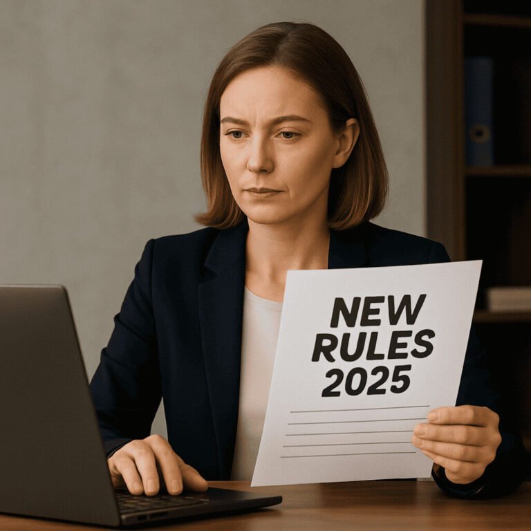 Een vrouw in zakelijke kleding zit aan een bureau, kijkt naar een laptop en houdt een papier vast met de tekst "NIEUWE REGELS 2025" en denkt na over de vraag: Wat is er veranderd aan de NACEBEL-codes?.