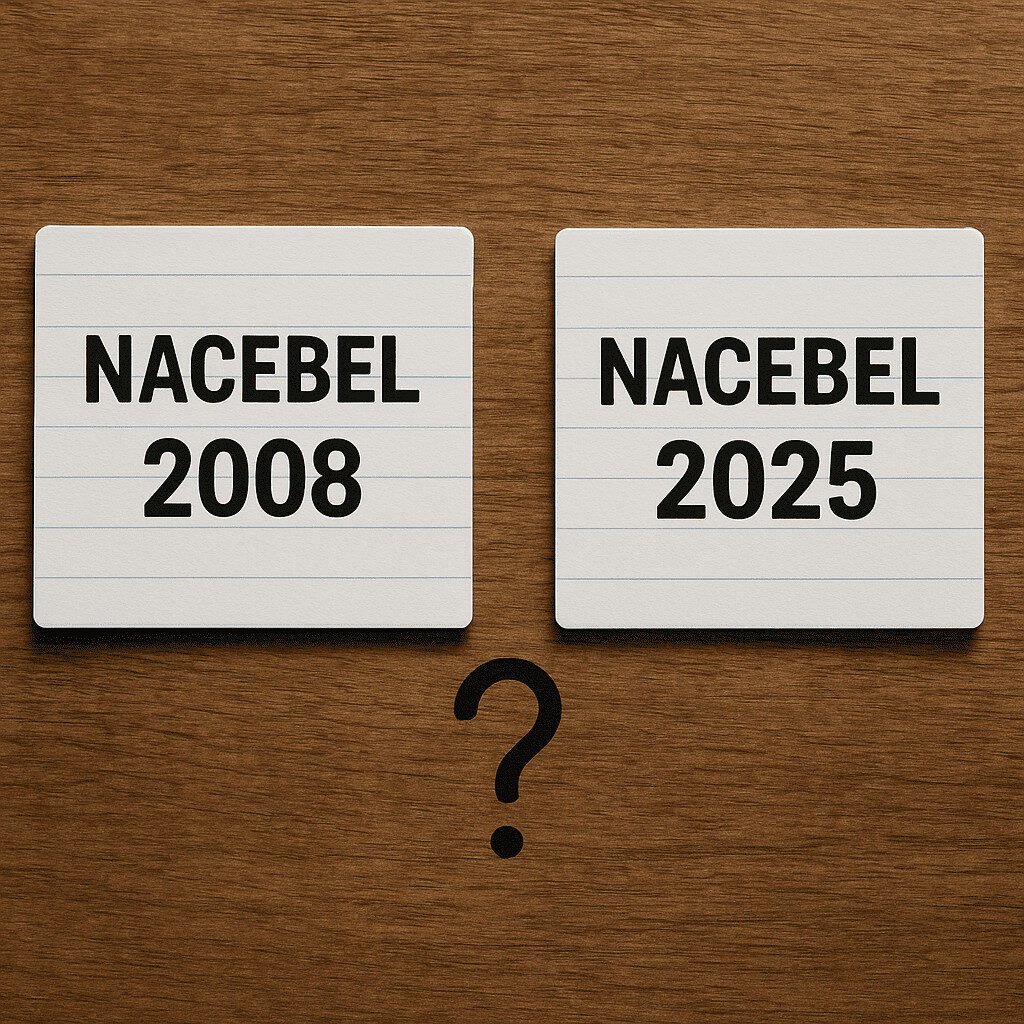 Twee kaarten met de labels "NACEBEL 2008" en "NACEBEL 2025" worden naast elkaar getoond boven een groot vraagteken op een houten achtergrond. Ze illustreren het verschil tussen NACEBEL 2008 en NACEBEL 2025.