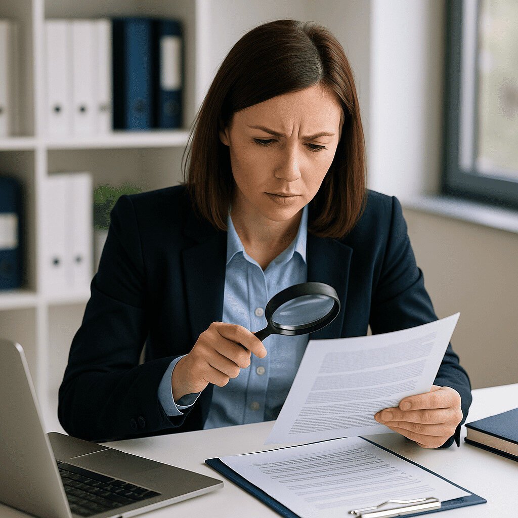 Een vrouw in zakelijke kleding zit aan een bureau, houdt een vergrootglas vast en bestudeert met een serieuze blik een document, terwijl ze zich concentreert op NACEBEL-codes opzoeken via het ondernemingsnummer.