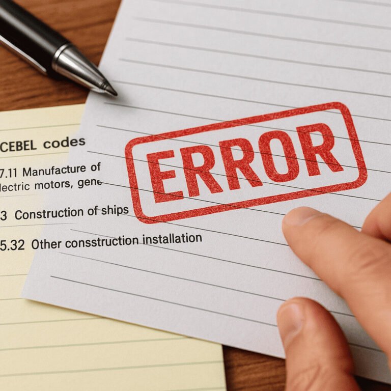 Close-up van een hand die een papier vasthoudt waarop in rood "ERROR" staat, naast een pen en een notitieblok met bouwgerelateerde codes en gemarkeerde foutieve NACEBEL-registraties.