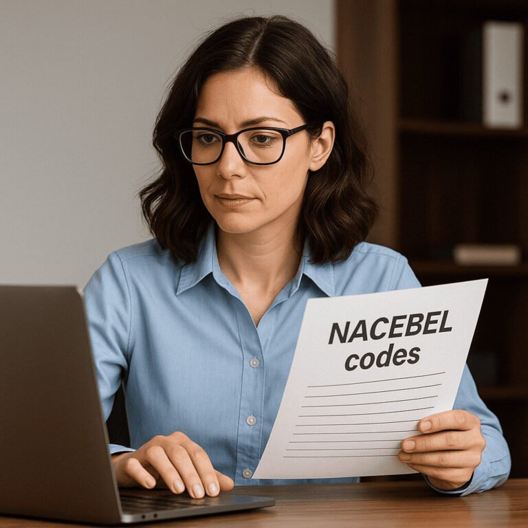 Een vrouw met een bril zit aan een bureau en kijkt naar een laptop terwijl ze een papiertje vasthoudt met het opschrift 'NACEBEL-codes', terwijl ze zich afvraagt: 'hoe controleer ik mijn NACEBEL-codes in de KBO?.